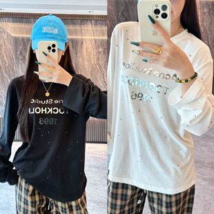 Ac银色1996字母钻石两色长袖打底衫+设计师品牌格纹抽绳休闲裤