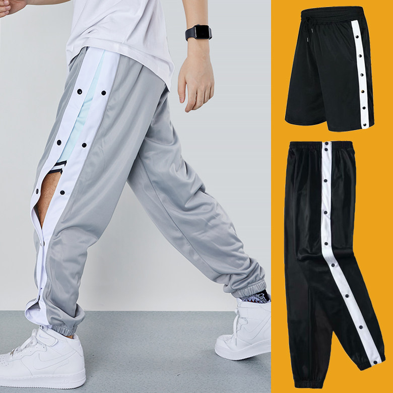 加绒全开排扣裤纽扣篮球热身训练短裤束脚出场潮休闲运动长裤宽松