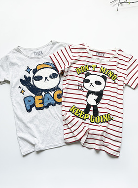 外贸原单toplook夏季熊猫印花薄款棉质直筒型正肩短袖T恤女