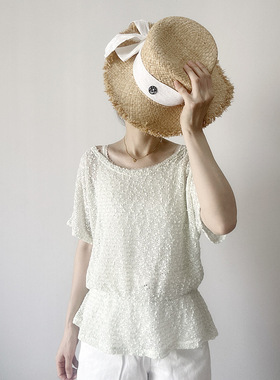 夏季日本grove浅水绿色豆豆蕾丝短袖罩衫宽松蝙蝠袖收腰蕾丝衫女