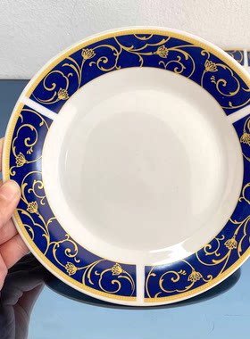 高档圆盘！出欧洲深蓝圆盘餐具家用高级感描金餐盘欧式轻奢西餐盘