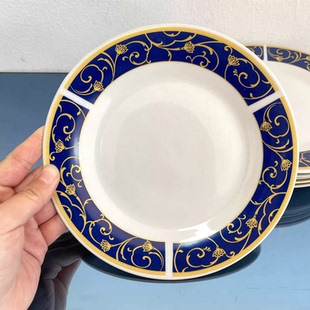 高档圆盘！出欧洲深蓝圆盘餐具家用高级感描金餐盘欧式轻奢西餐盘