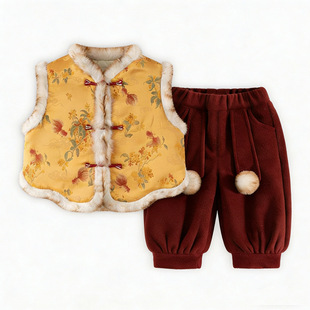 国风宝宝年服男女童秋冬新中式国风滚边马甲加绒加厚拜年服套装