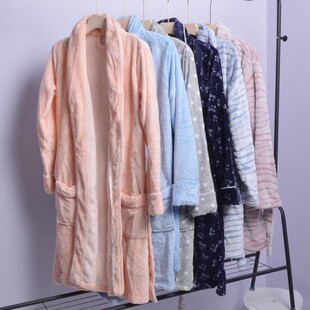 保暖顺滑浴袍 睡袍家居服中长款 欧美秋冬款 男女珊瑚绒印花长袖