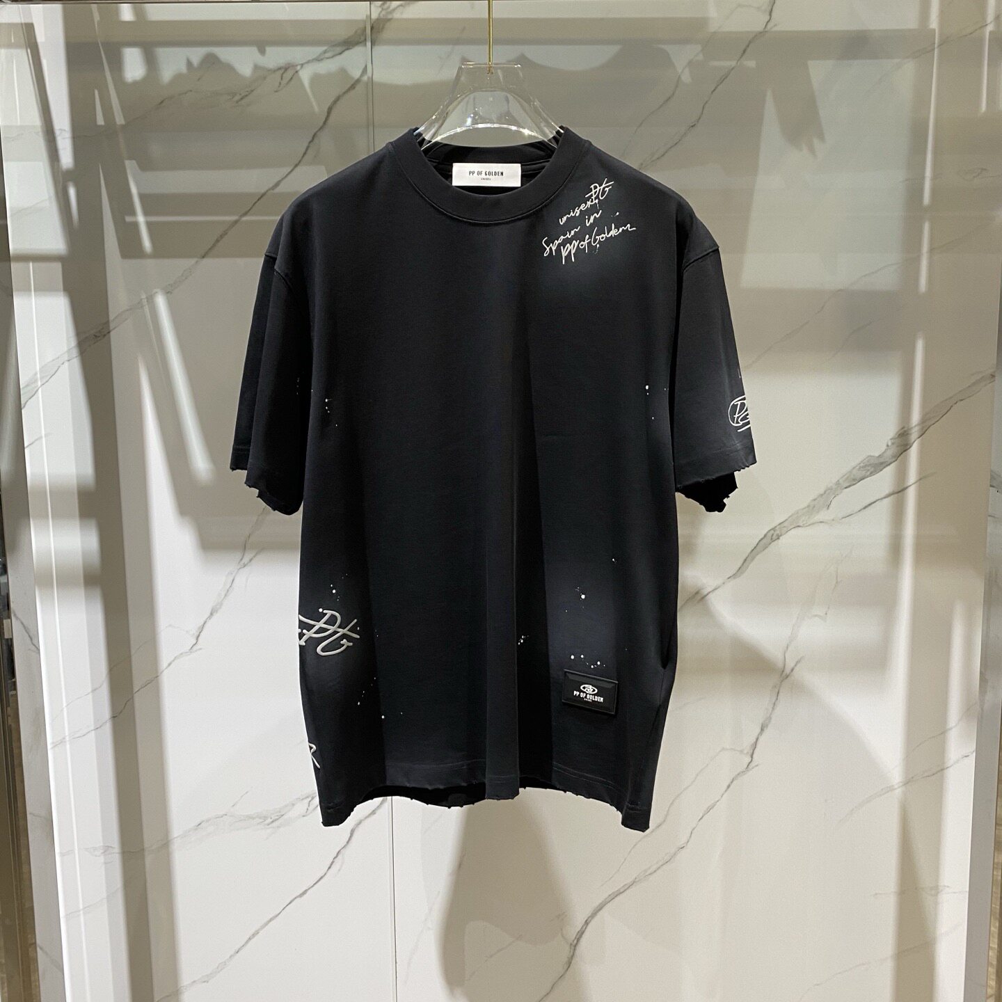 PP OF GOLDEN 26春夏新款铅笔logo字母印花破坏做旧男士短袖T恤