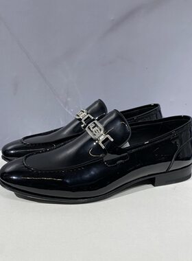 4US 春夏烤漆亮面金属扣镶钻时尚男士一脚蹬休闲皮鞋乐福鞋