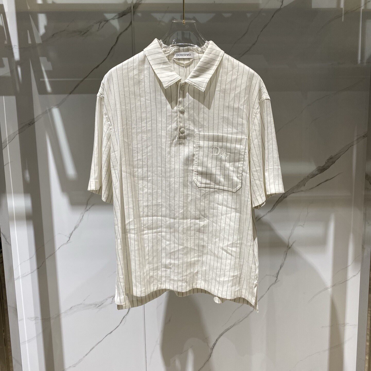 DOSERMO 26春夏新款logo字母刺绣条纹宽松男士亚麻短袖衬衫外套