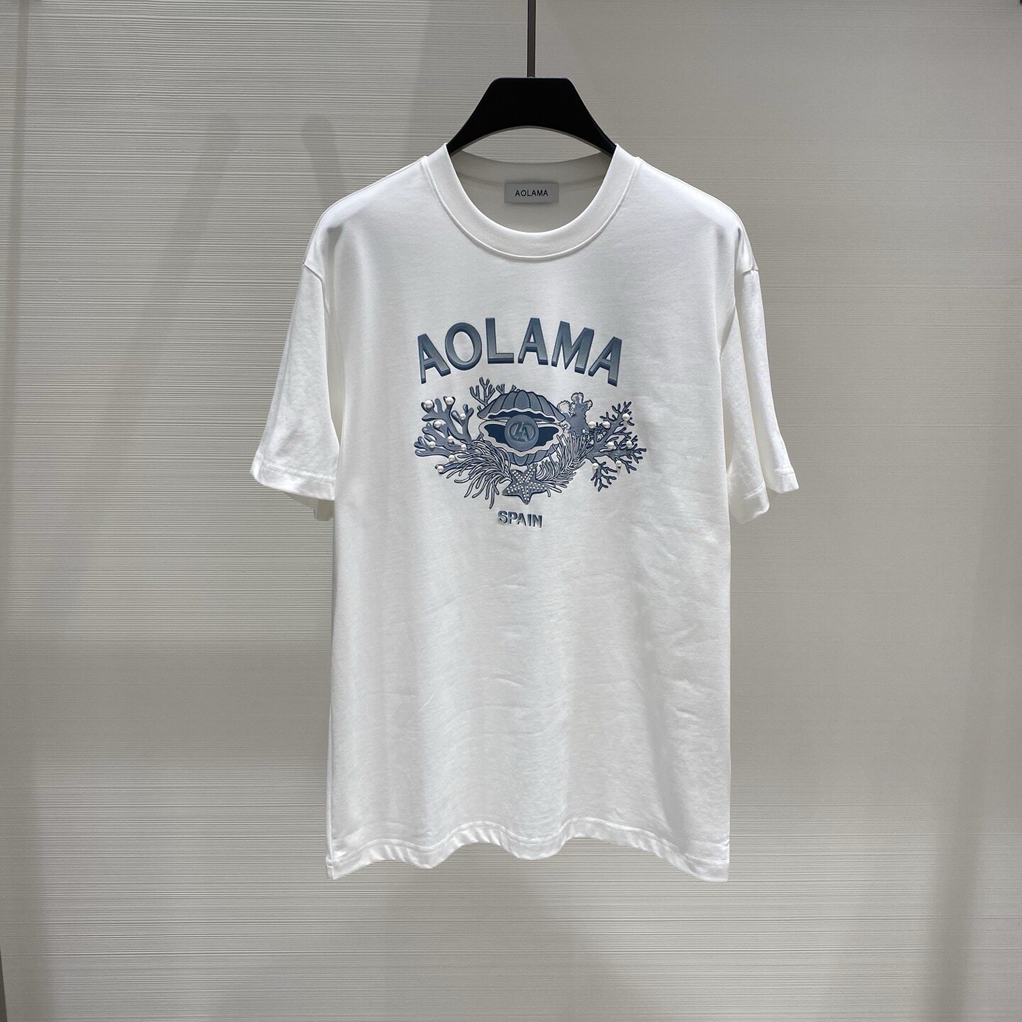 特惠AOLAMA奥拉玛 春夏logo字母贝壳印花珍珠铆钉装饰男士短袖T恤