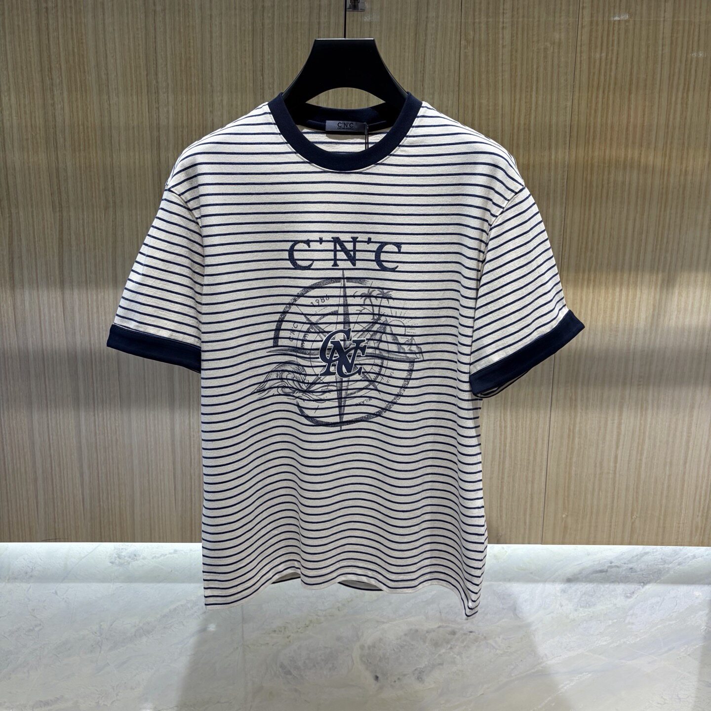CNC男装 26春夏新款logo字母海浪椰树印花条纹男士短袖T恤 262073