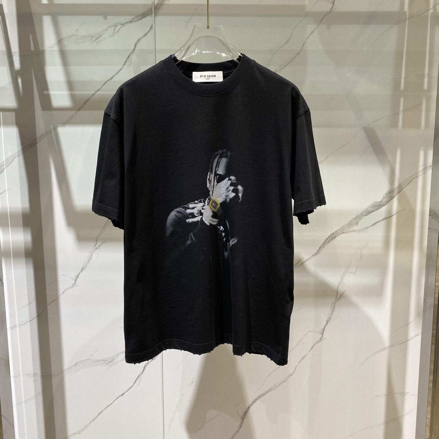 PP OF GOLDEN 26春夏新款logo字母金表人像印花男士圆领短袖T恤