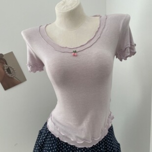 正肩上衣 T恤圆领套头修身 2026花边夏季 纯欲小樱桃双层木耳边短袖