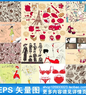 手绘线描时尚欧洲高贵妇女性内衣鞋子包包店铺海报矢量图素材A260
