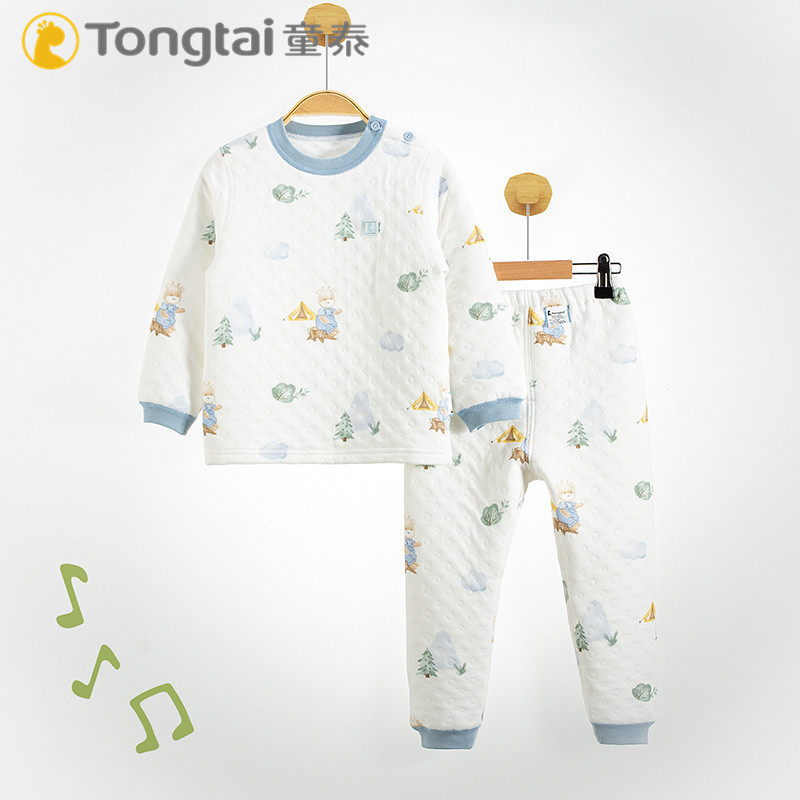 童泰秋冬新款中大童婴幼儿男女宝宝保暖加厚肩开家居内衣圆领套装