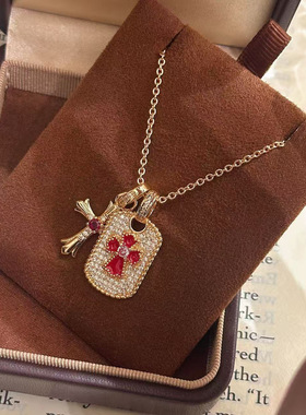 克啰訫设计感满钻十字架吊牌项链潮酷星牌经典嘻哈毛衣链男女同款