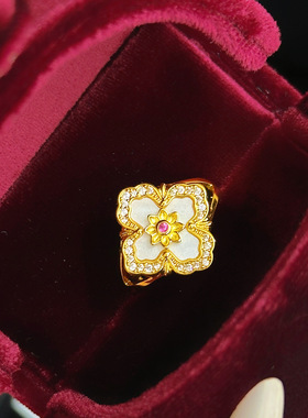 中古意大利布契风四叶草花窗戒指ins风法式复古轻奢贝母镶嵌戒指