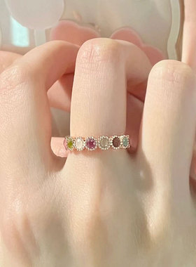 韩版925银彩虹戒指女海蓝宝月光石戒指轻奢气质珍珠开口指环组合
