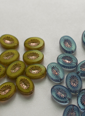DIY手作材料复古风椭圆珠捷克珠黄绿&透蓝 2新色入