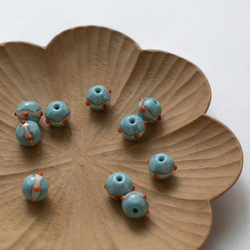 立体点点撞色蓝橘玻璃珠8mm