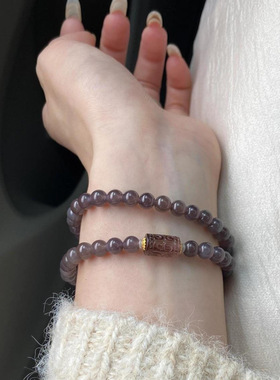 草莓晶圆柱灰玛瑙烟紫双圈手链女时尚气质百搭高级手串女友水晶