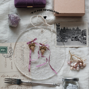 葡萄月令*法式vintage葡萄鸢尾紫真丝缎带蝴蝶结18k包金耳夹耳环