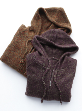 秋冬女士连帽拉链开衫真丝羊绒夹花保暖苏格兰风风格羊绒针织外套