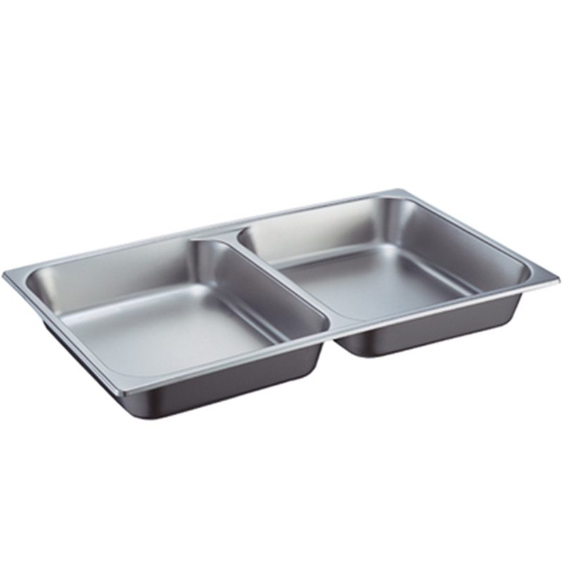 不锈钢双格份数盆快餐盆1/1食物盘分隔自助餐盆身1/2食物盆带PC盖