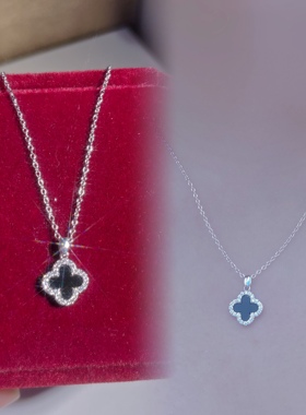 黑色四叶草项链女 纯银时尚轻奢小众锁骨链 短款夏季 小号吊坠