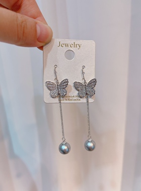 清仓特价 灰色系蝴蝶珍珠耳环长款 纯银耳坠女 大气时尚耳饰品