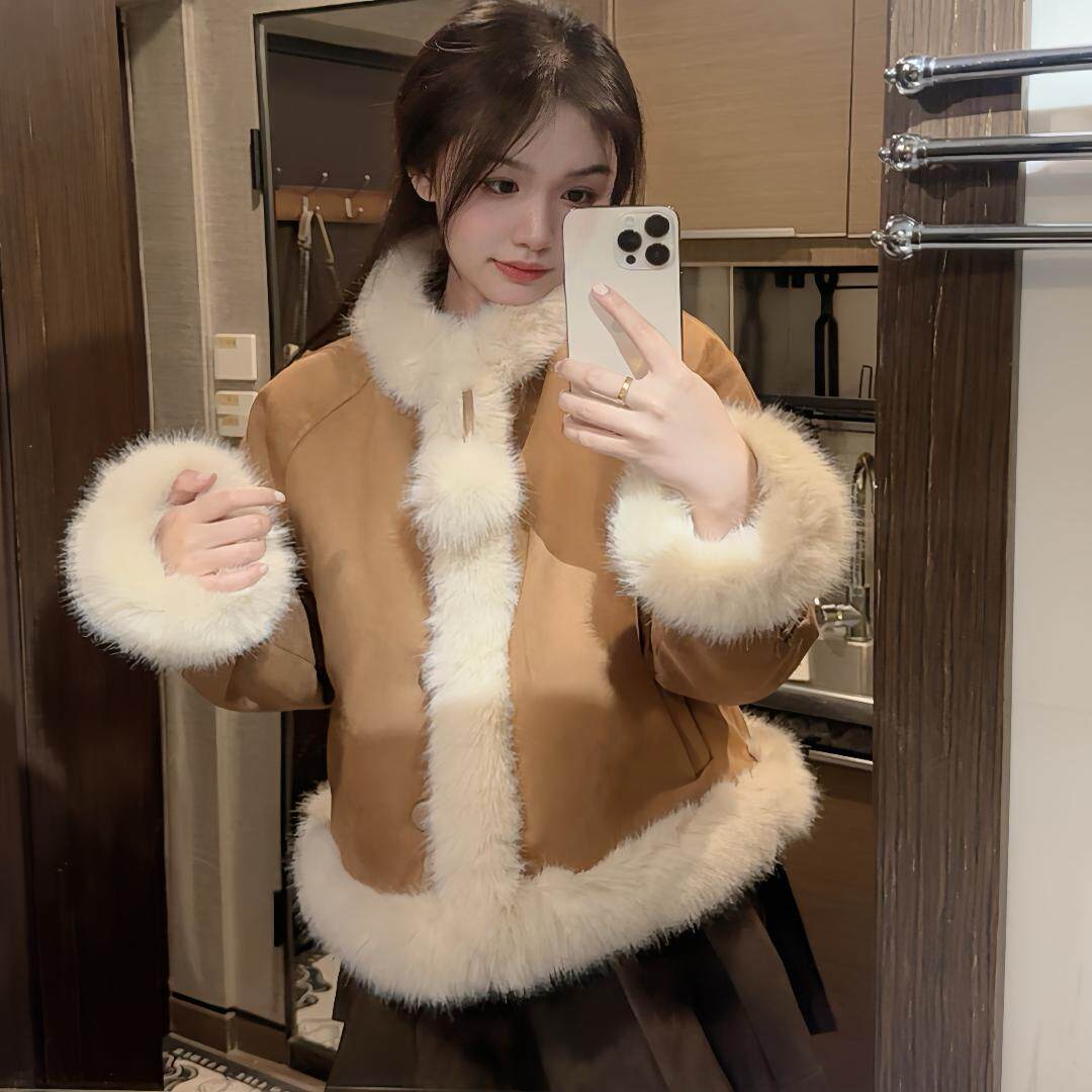 狐狸毛环保皮草女2024冬新款麂皮绒拼接短款小个子毛毛外套高级感
