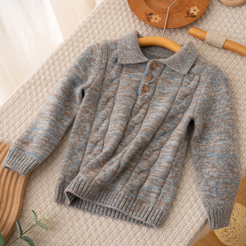冬季厚款男宝宝复古翻领麻花羊绒套头衫儿童毛衣保暖外套英伦风潮