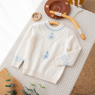 女童手工毛衣儿童纯羊绒衫秋冬白色大中小童宝宝针织衫洋气加厚