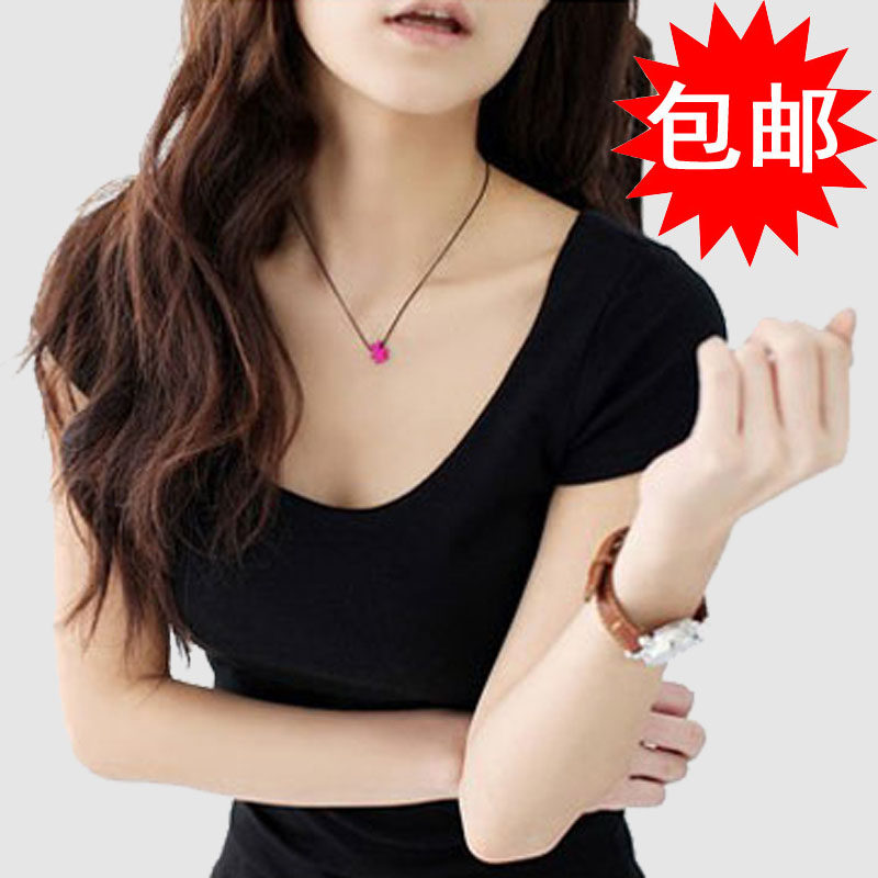 1件包邮莫代尔棉大圆领短袖T恤女装修身大U领低领T恤秋衣打底衫
