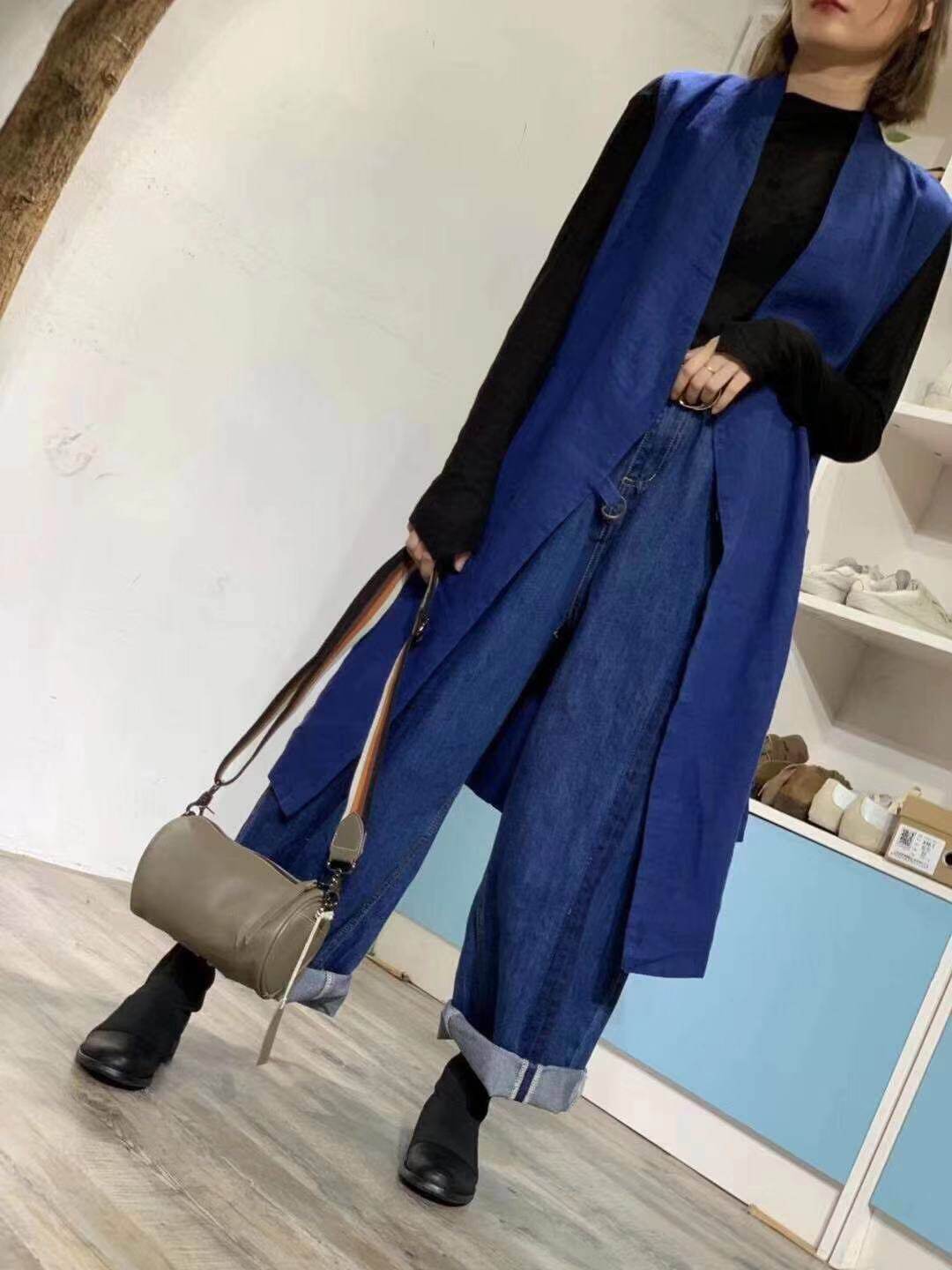 原创亚麻文艺范风衣无袖大牌V领腰部系带显瘦中长款马甲外套春秋