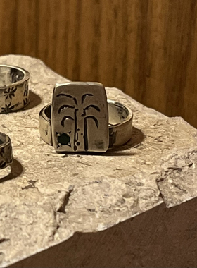 埃及旅行带回手工椰树图案黑色宝石925银开口戒指