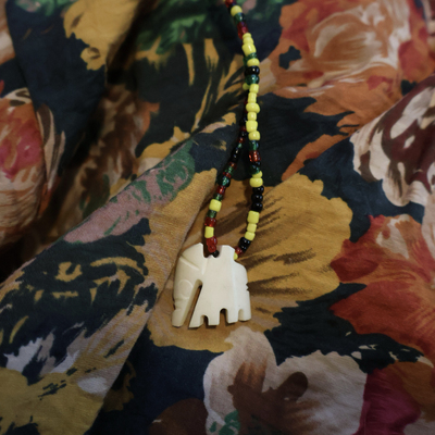 非洲肯尼亚带回手工雕刻牛骨头纯净温润洁白大象彩色串珠项链