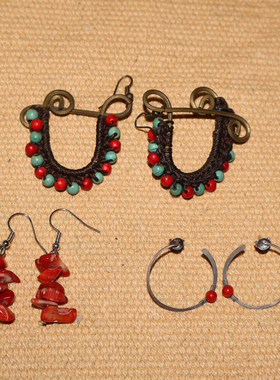 泰国旅行带回孤品手工编织红色石头串珠黄铜925银耳环