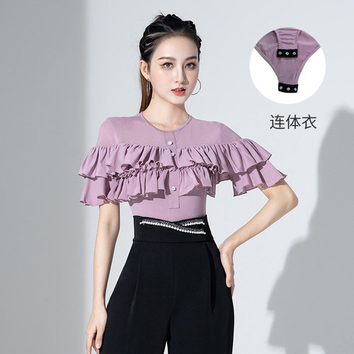 摩登舞服网纱舞蹈练功表演服交谊舞荷叶边成人国标拉丁舞上衣