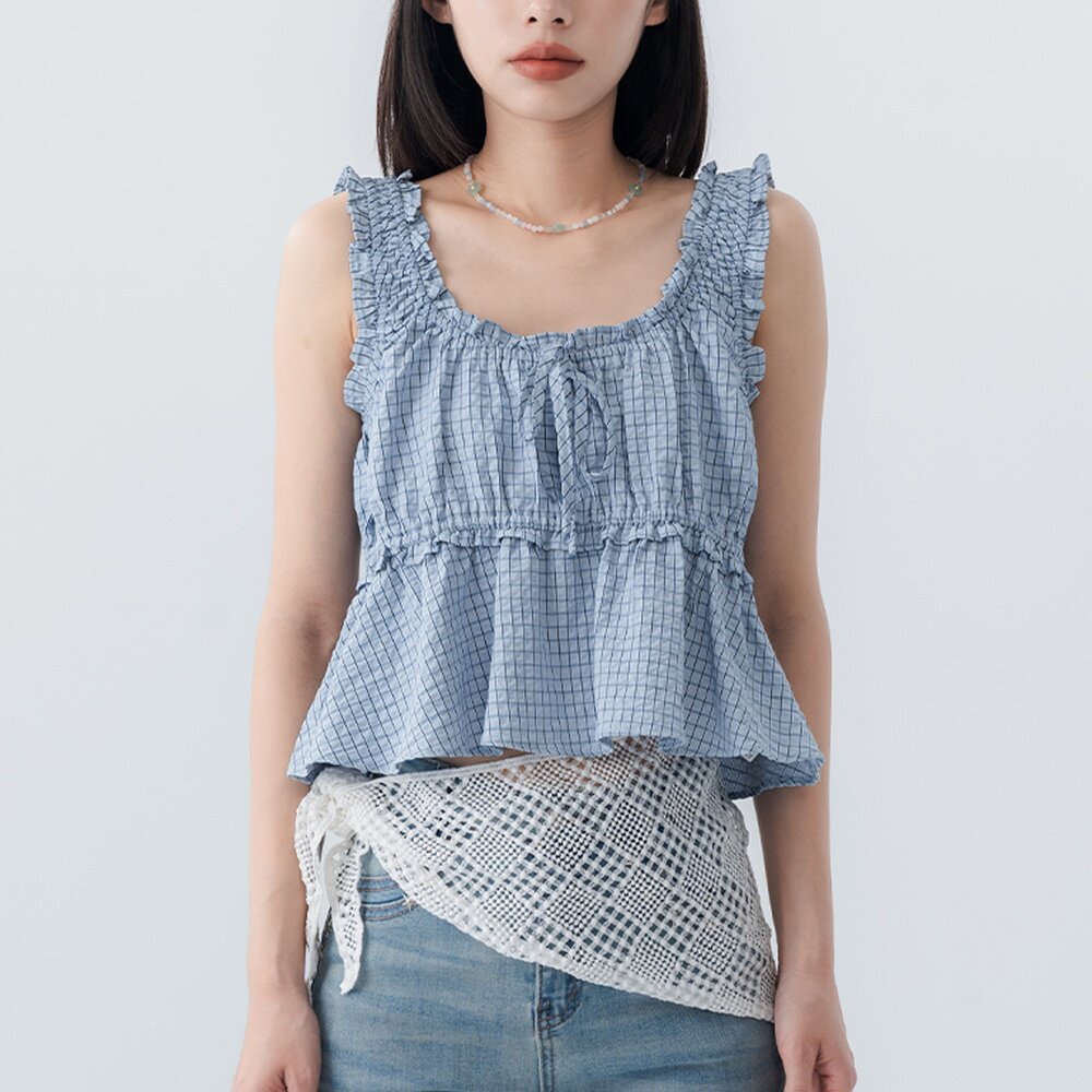 QUEENSHOP 2026春夏新品女装格纹荷叶边绑带罩衫背心-蓝01099800图片