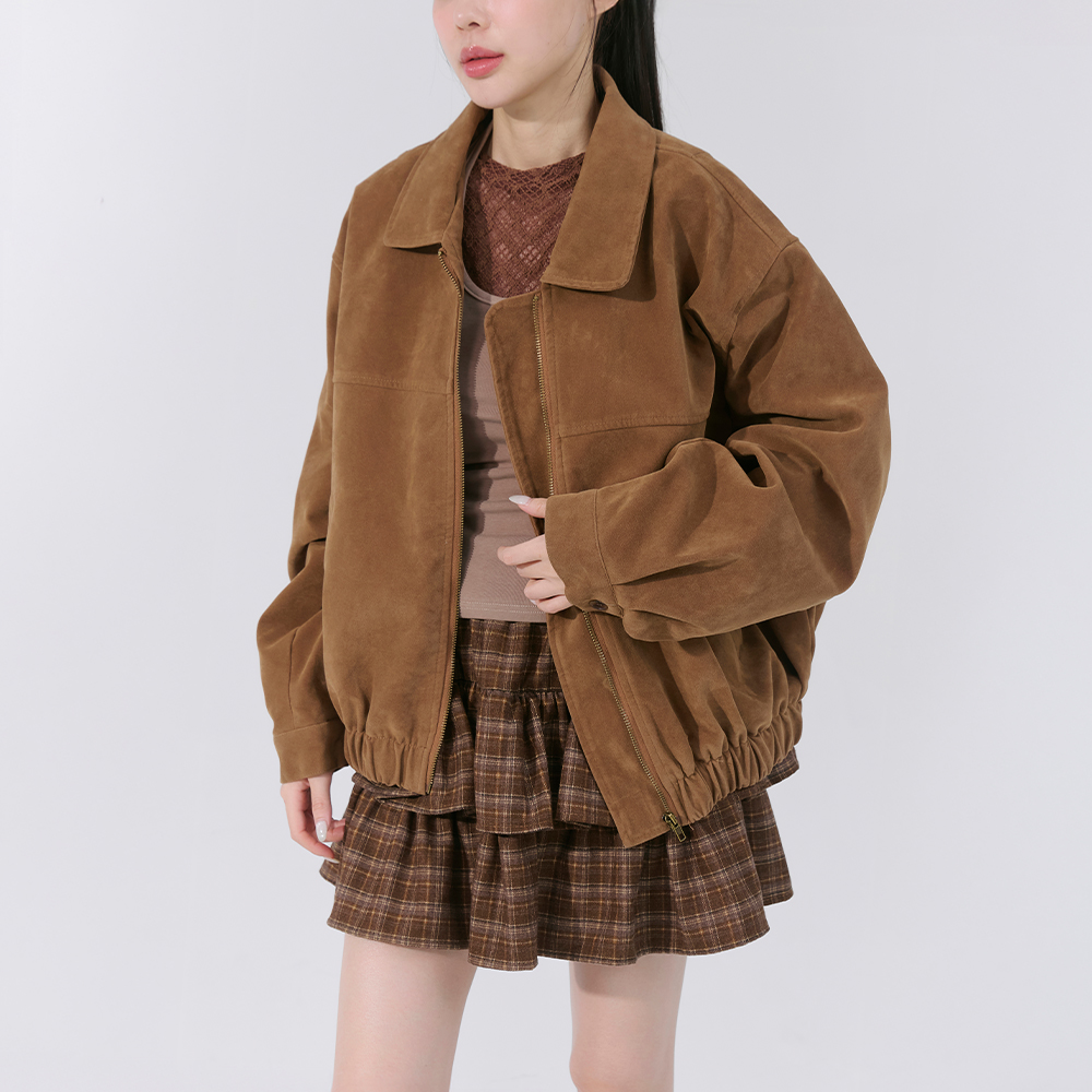 麂皮翻领拉链造型短版外套