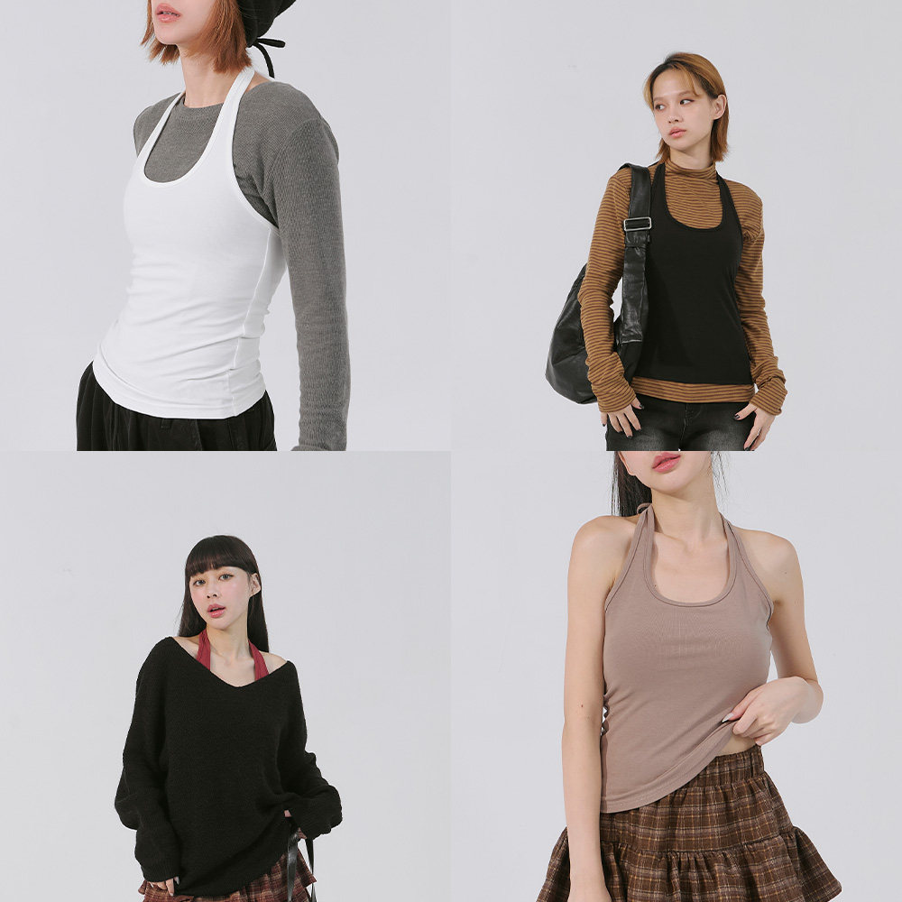 QUEENSHOP 2026春夏新品女装素面纯棉美背绕颈绑带背心01099443