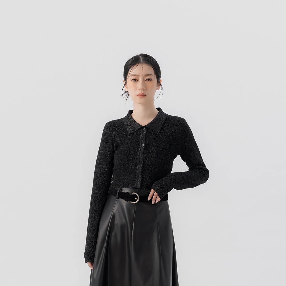 蕾蒂金葱坑条短版针织上衣