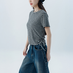 条纹刷色侧抽绳造型短袖 女装 上衣01099554 2026春夏新品 QUEENSHOP