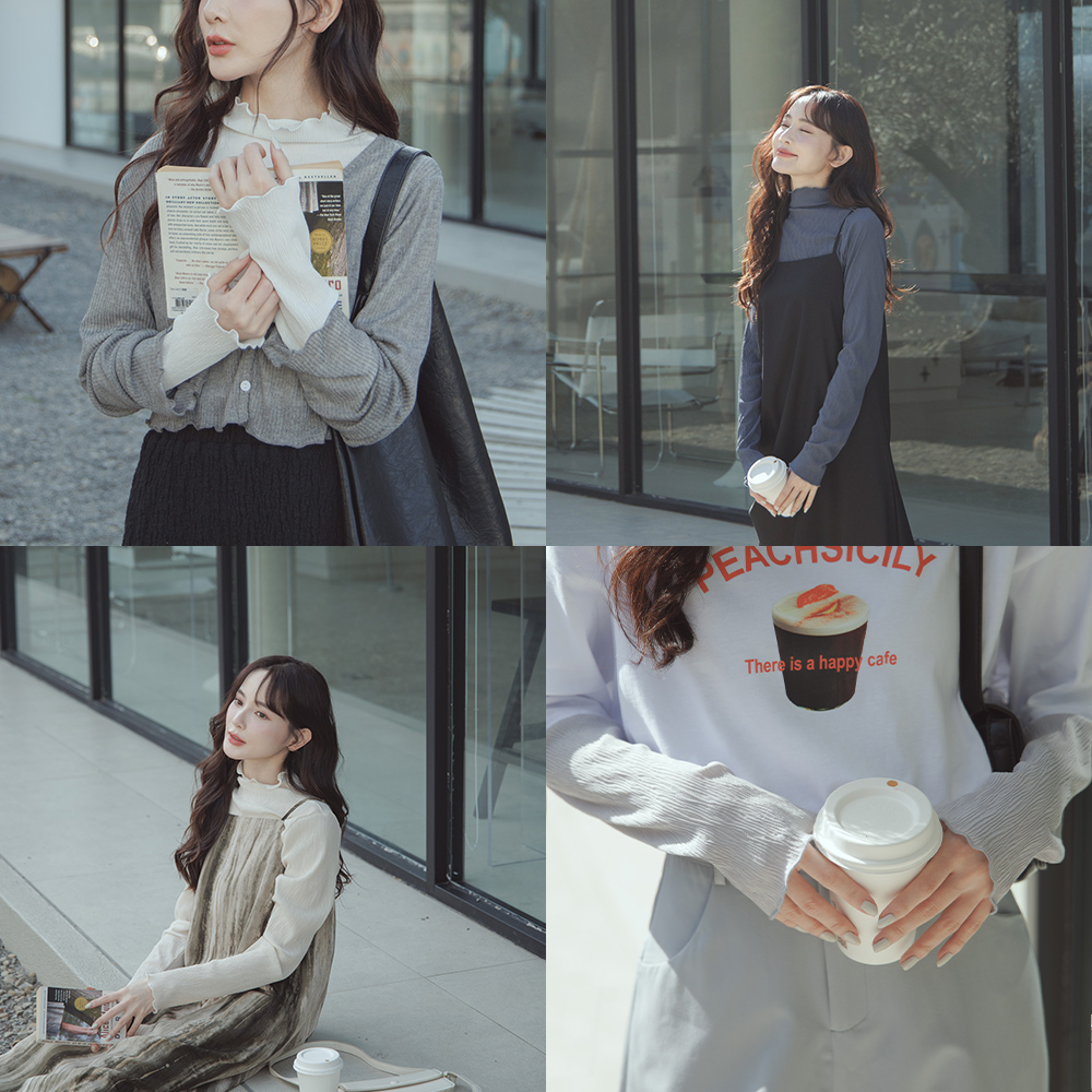 木耳边细褶坑条高领透肤上衣