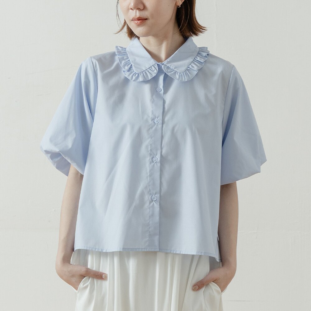 QUEENSHOP 2026春夏新品女装荷叶领五分袖宽版衬衫-蓝01025749