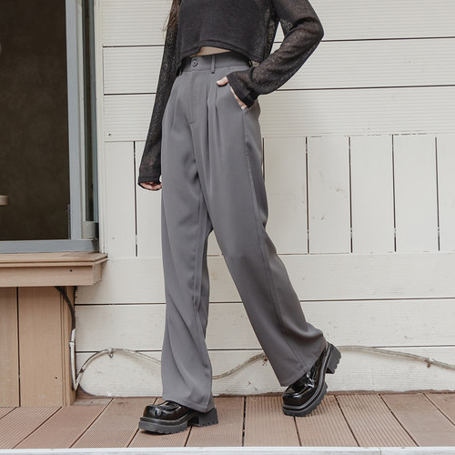 简约打褶设计长裤打褶直筒西装