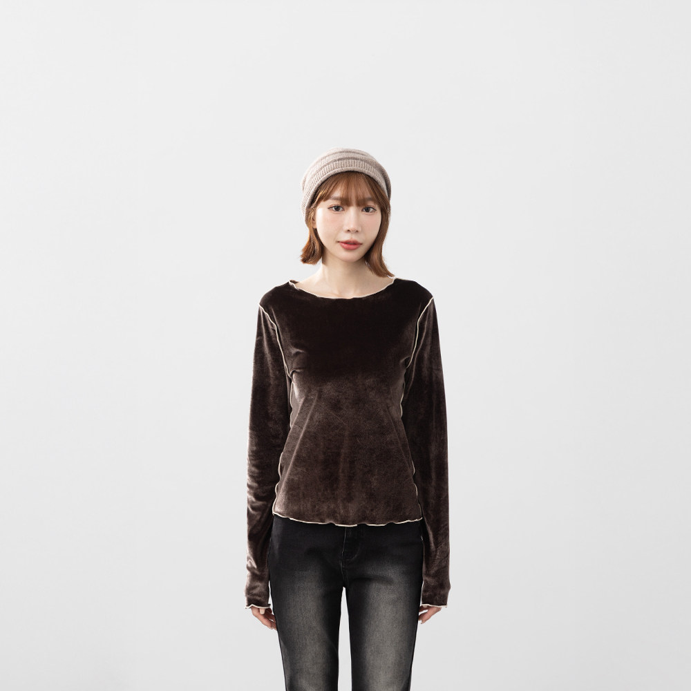 QUEENSHOP 2025秋冬新品女装质感纯色木耳边绒面长袖上