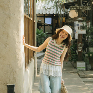 撞色条纹造型针织背心01099017 女装 QUEENSHOP 2025春夏新品