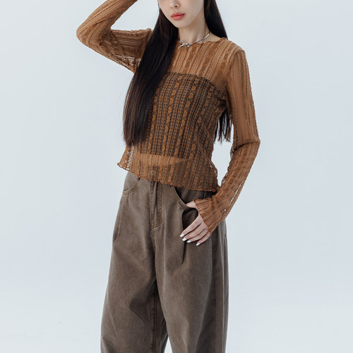 QUEENSHOP 2026春夏新品女装蕾丝透肤木耳边设计上衣-咖01099484