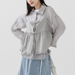 条纹荷叶边绑带细肩罩衫 女装 背心01099391 2025秋冬新品 QUEENSHOP