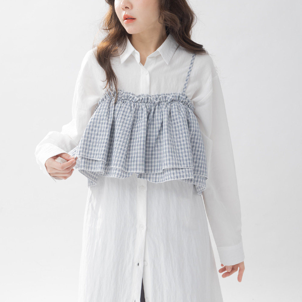 QUEENSHOP 2025秋冬新品女装格纹背心两件式衬衫长连衣